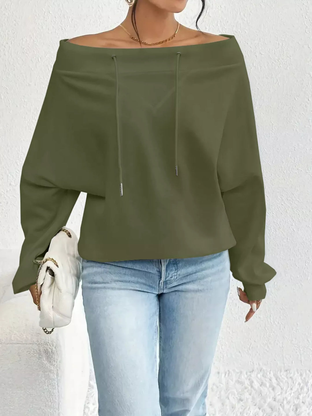 Full Size Off-Shoulder Drawstring Long Sleeve Top Plus Size
