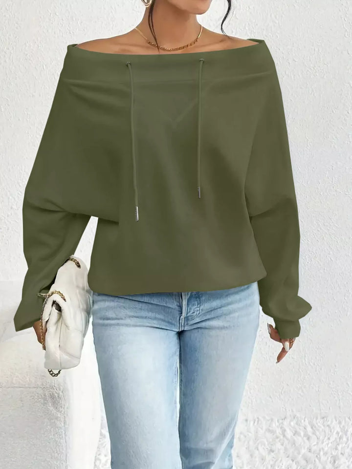 Full Size Off-Shoulder Drawstring Long Sleeve Top Plus Size