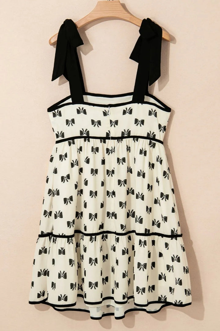 Bow Knot Color Contrast Trim Knotted Shoulder Mini Dress