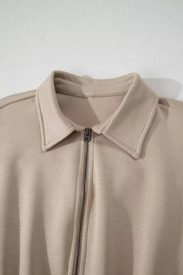 Solid Color Zip Front Short Sleeve Collared Jumpsuit