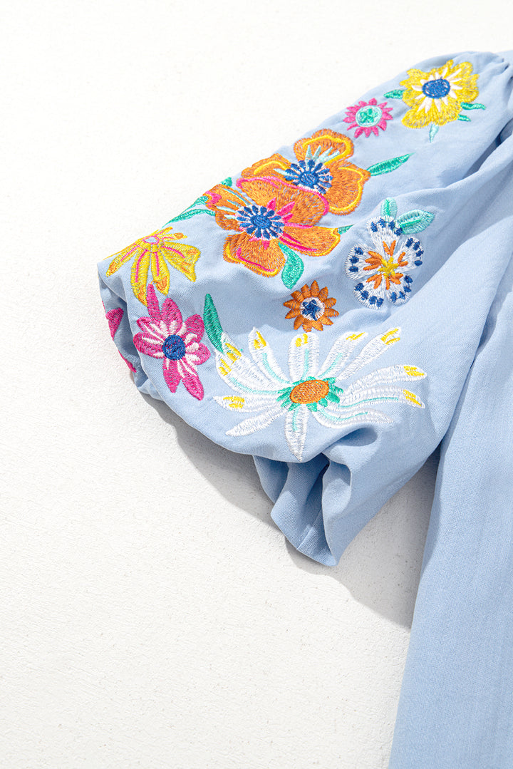 Beau Blue 花卉刺繡泡泡袖開衩襯衫