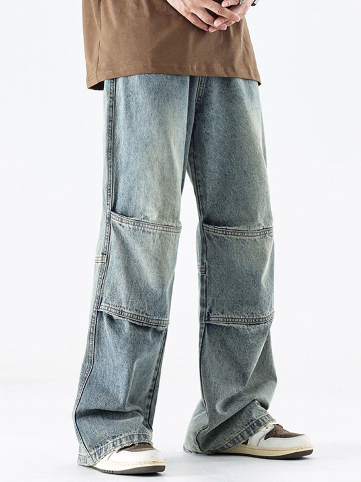 Men's Vintage Wide Leg Utility Jeans with Multi-Panel Design