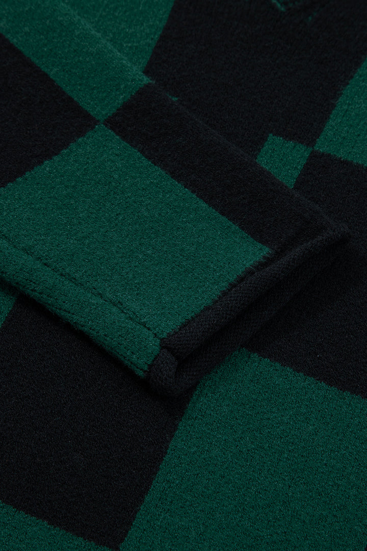 Green Checked Notched Neckline Drop Shoulder Knit Sweater