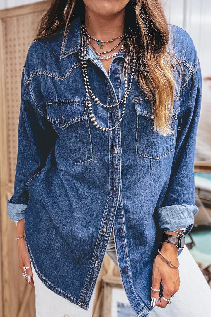 Sail Blue Western Patch Pockets Tunic Length Long Sleeve Denim Shirt