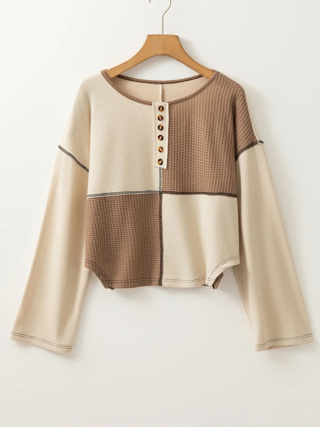 Color Block Waffle Knit Stitch Detail Long Sleeve Top