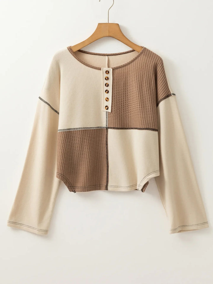 Color Block Waffle Knit Stitch Detail Long Sleeve Top