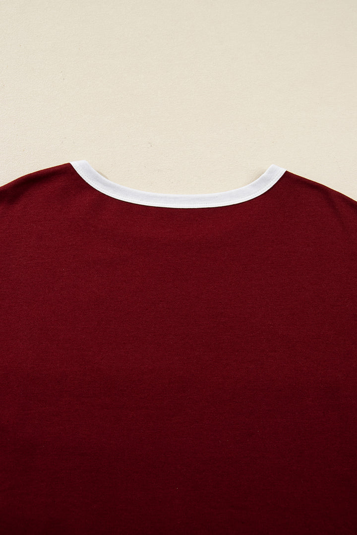 Red Dahlia Cheerful Daisy Flower Patched Round Neck Long Sleeve Top