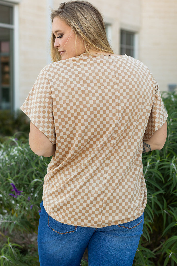 T-shirt kaki à manches courtes et col rond, motif damier, grande taille