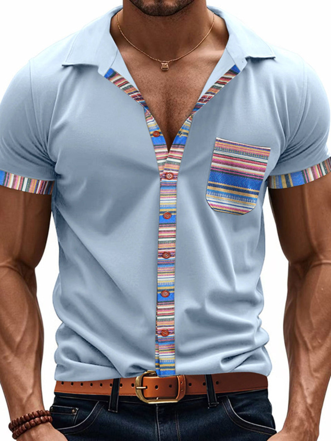 Men's Full Size Short Sleeve Shirt with Colorful Trim Plus Size
