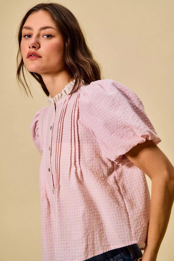 SO ME Gingham Lace Trim Button Bubble Sleeves Blouse