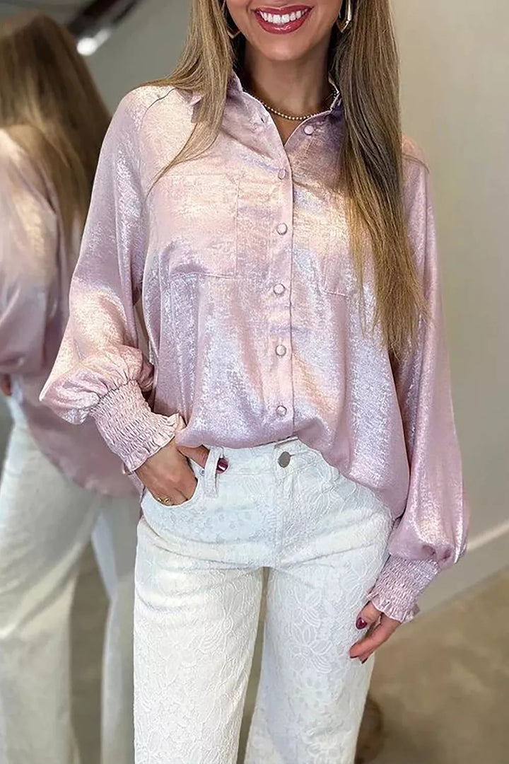 Long Sleeve Button Front Ruffle Cuffs Back Paneling Shirt