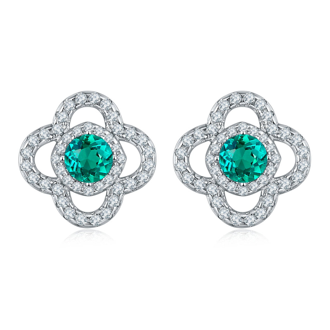 S925 Sterling Silver Clover Stud Earrings, 3.5mm Lab-Grown Emerald, Platinum Plated 2g Lightweight Women's Jewelry Gift Box