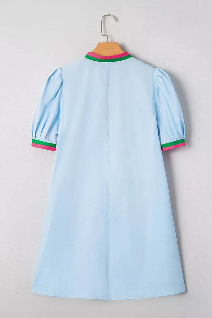 Puff Sleeve Mini Dress with Contrast Trim
