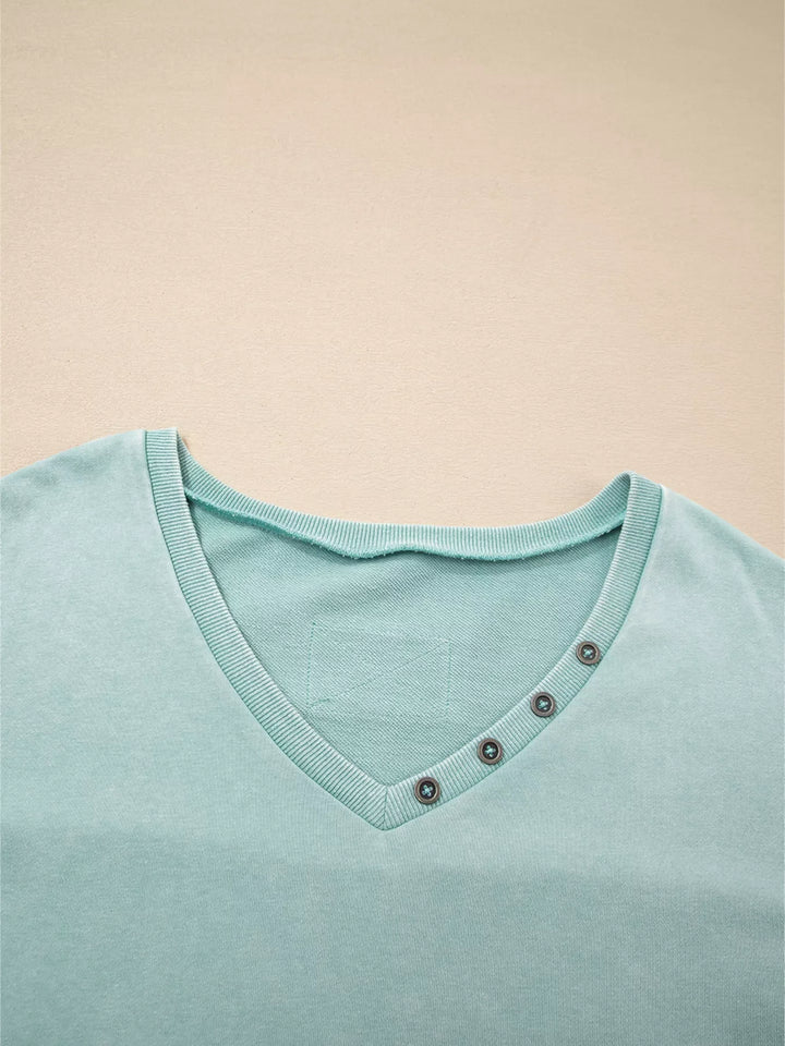 Mineral Wash Exposed Seam Buttoned V Neck Top