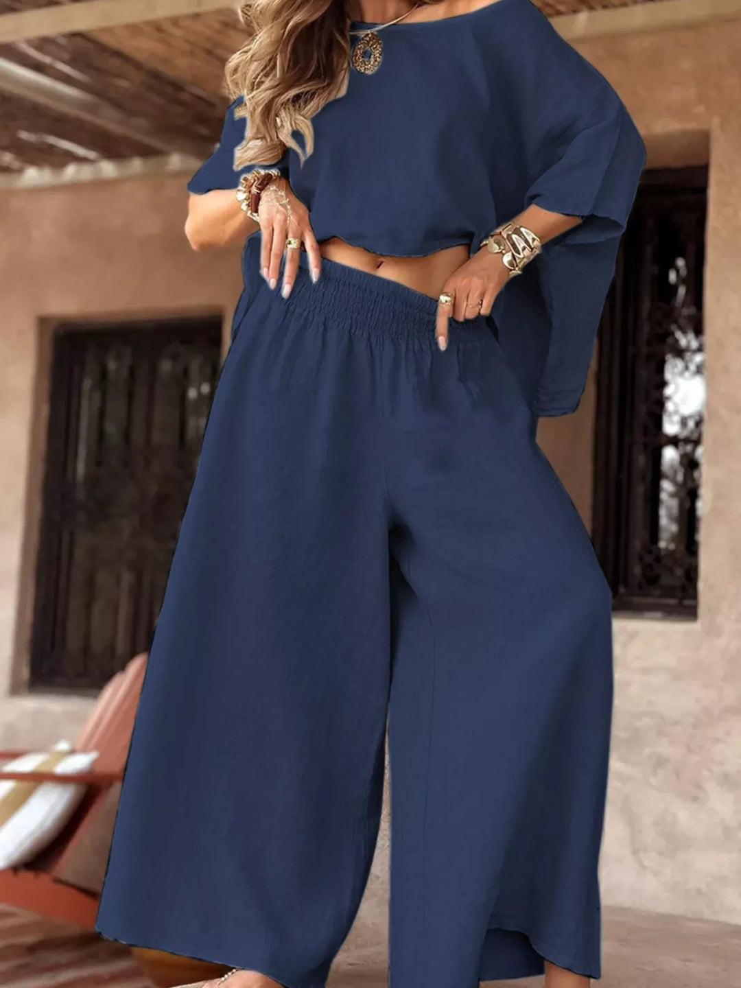 Full Size Boat Neck Top and Wide Leg Pants Set Plus Size