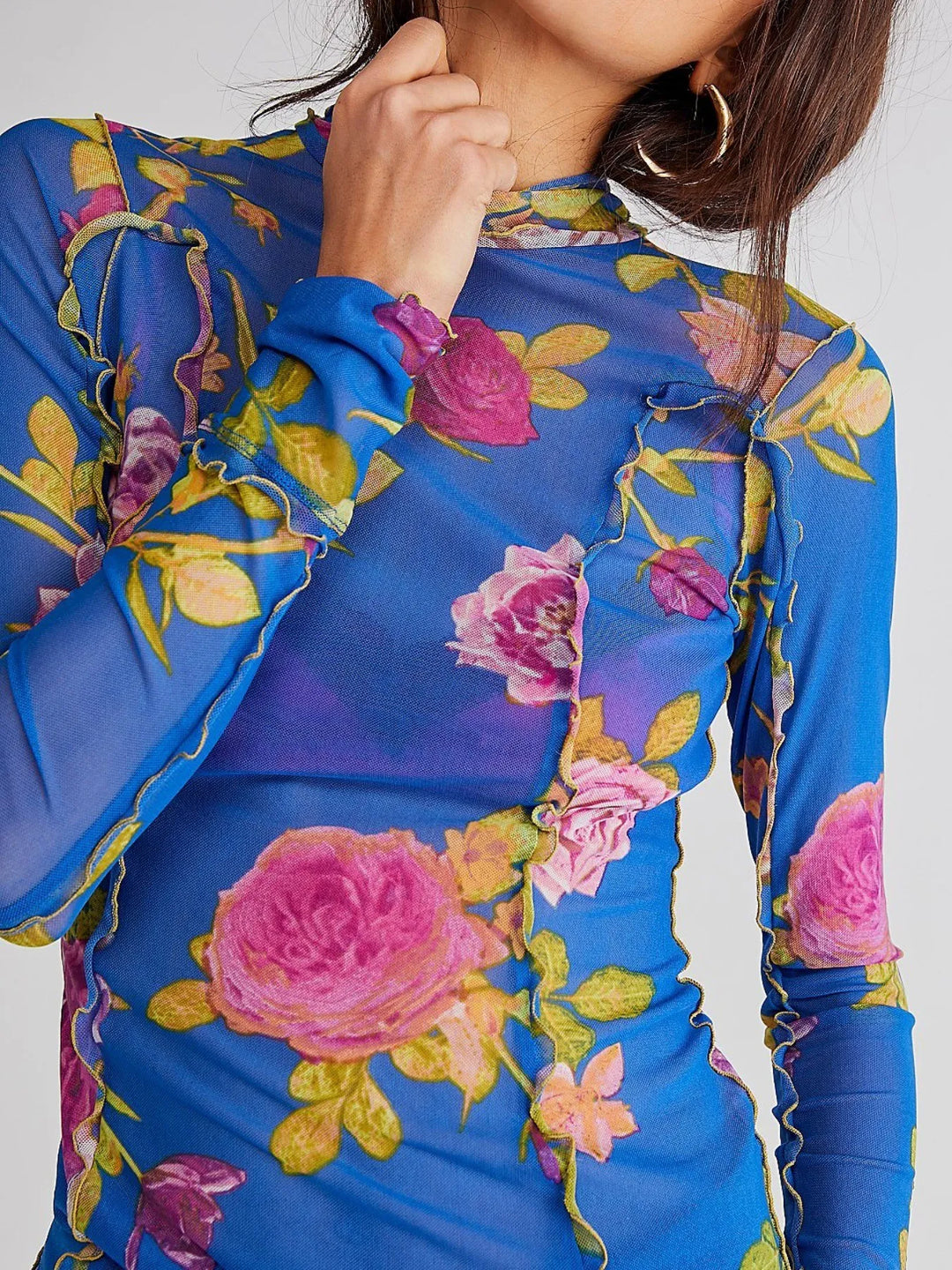 Floral Print Mock Neck Long Sleeve Top