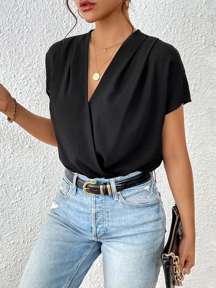 Perfee Surplice Short Sleeve Ruched Bodysuit