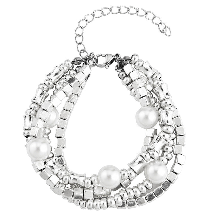 2Pcs Multi Layer Broken Silver Pearl Stretch Bracelet Set For Women, Stackable Elastic Beaded Bangle, Minimal Elegant European Spanish Fashion Jewelry