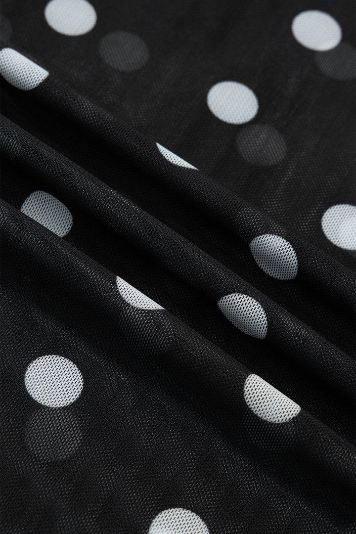 Black Plus Size Mock Neck Polka Dot Long Sleeve Mesh Top