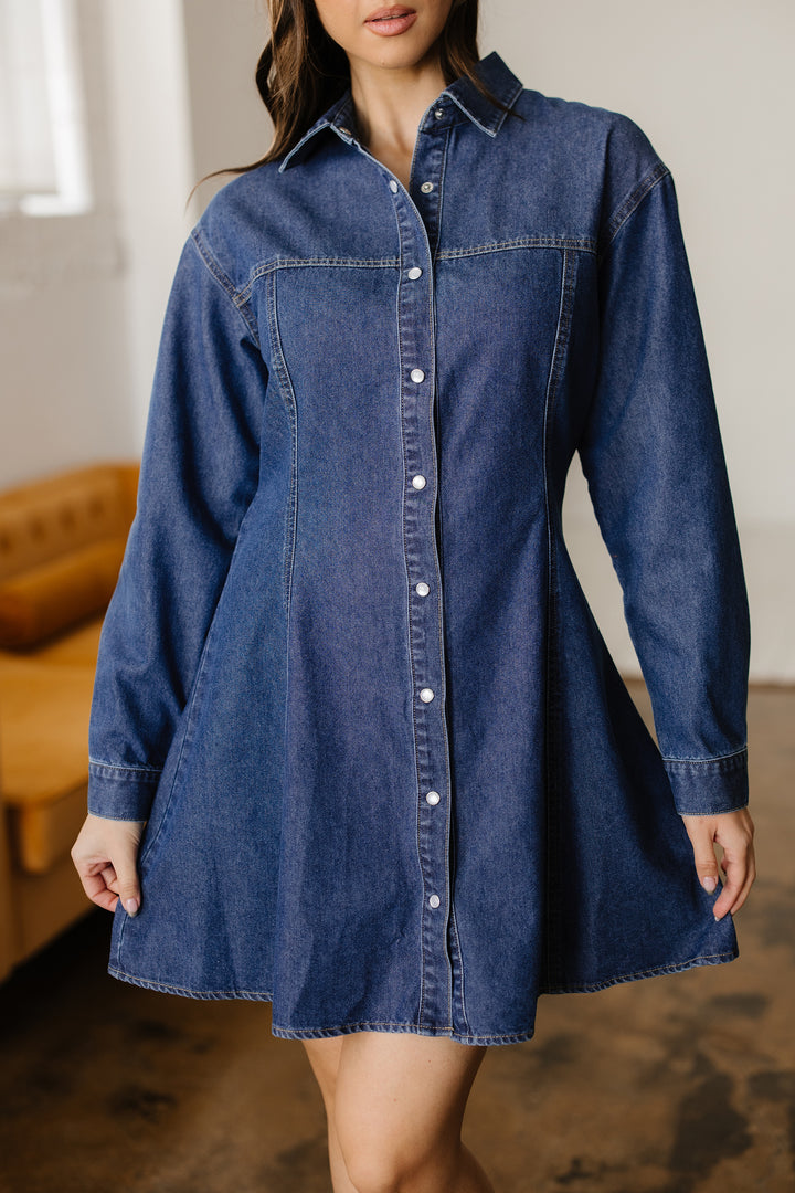 Denim Shirt Collar Long Sleeve Flared Mini Dress