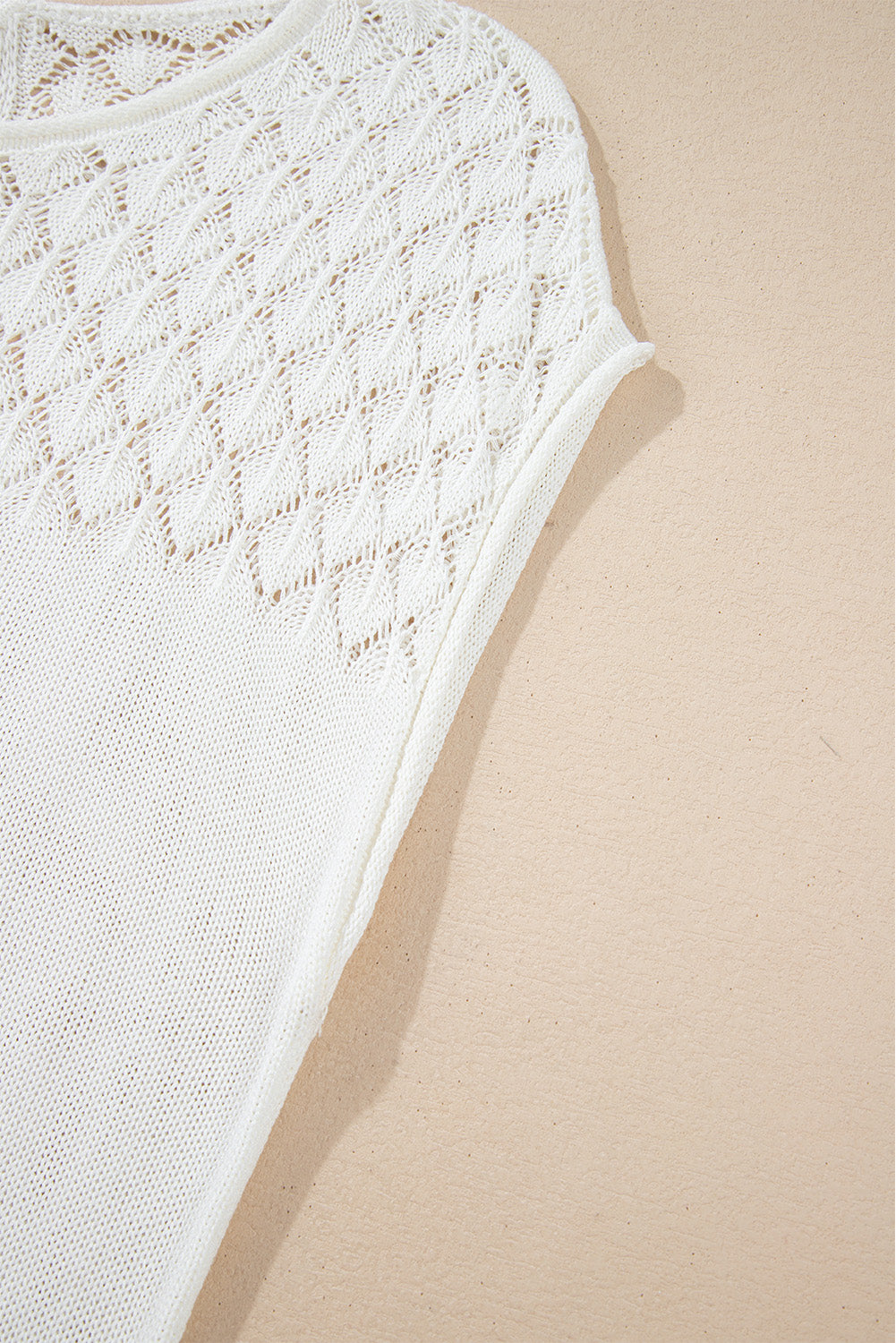 White Eyelet Knit Tied Back Short Sleeve Sweater