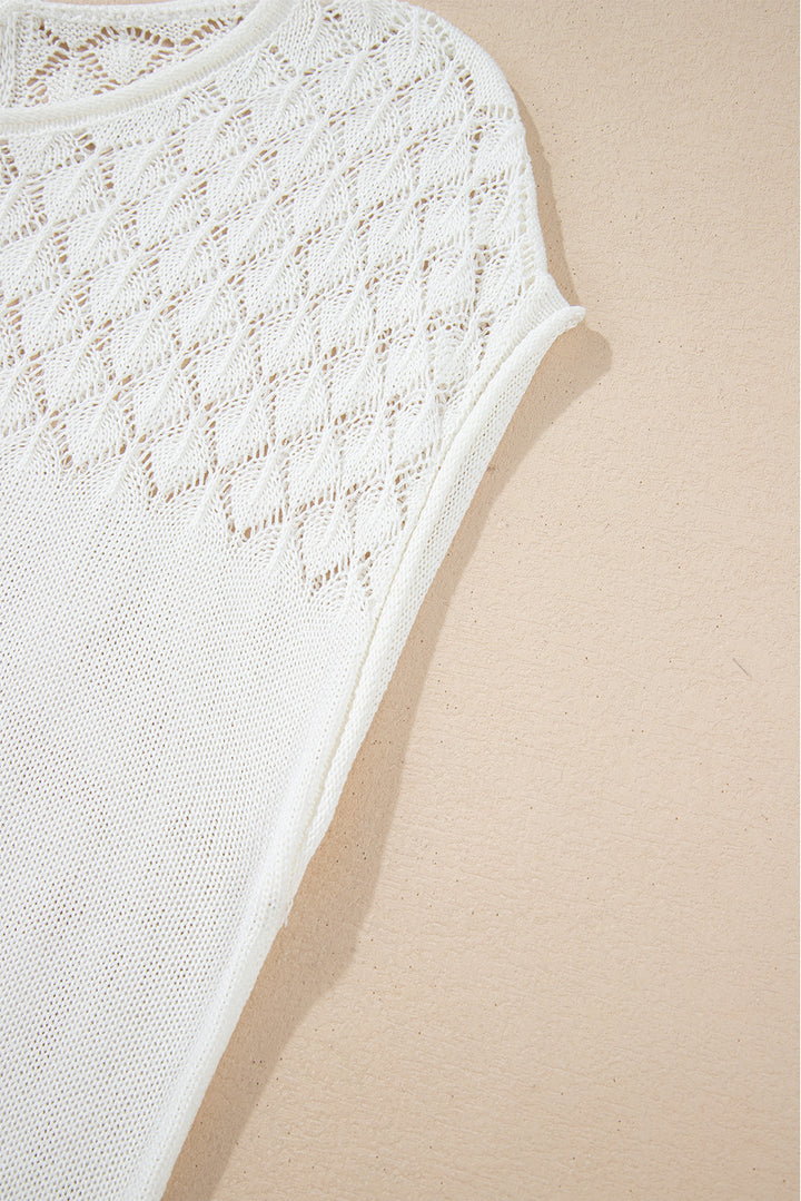 White Eyelet Knit Tied Back Short Sleeve Sweater