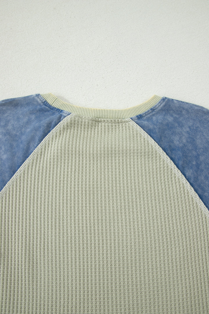 Laurel Green Waffle Knit Seam Detail Color Block Patchwork Short Sleeve Top