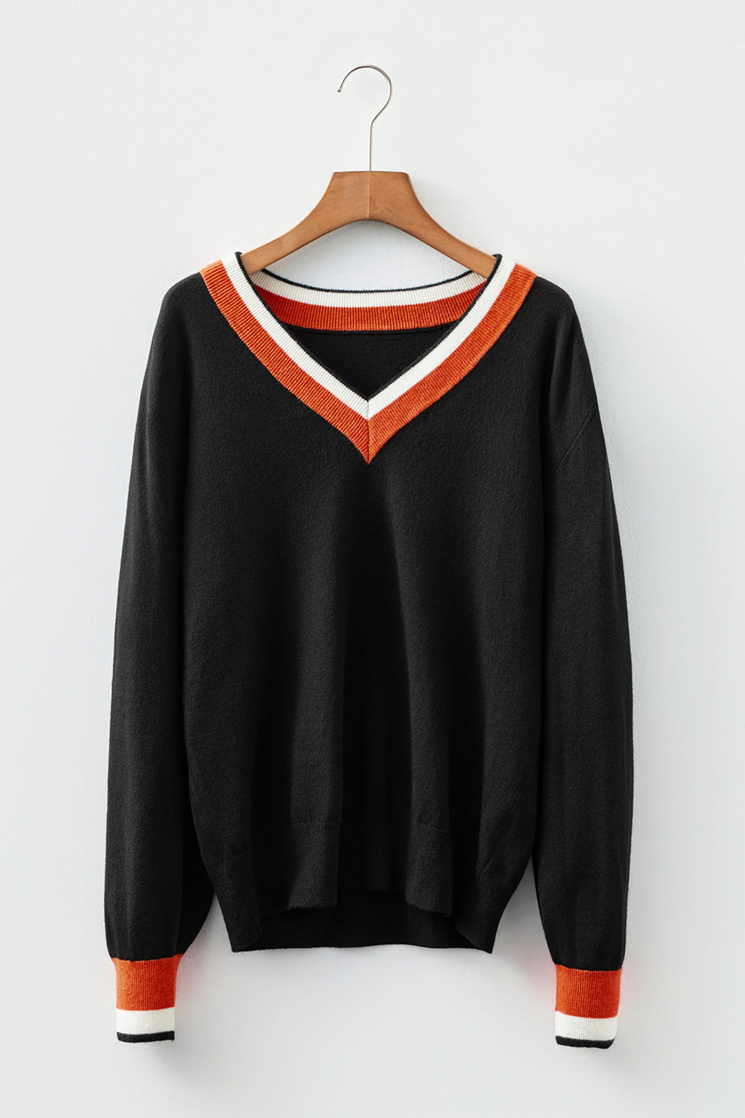 Black Contrast Striped Trim V Neck Varsity Sweater