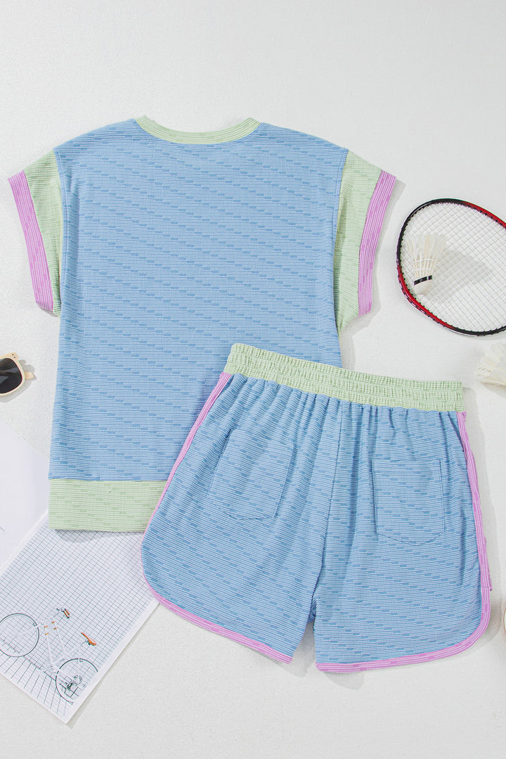 Beau Blue Corded Knit Contrast Trim Round Neck Cap Sleeve 2pcs Short Set
