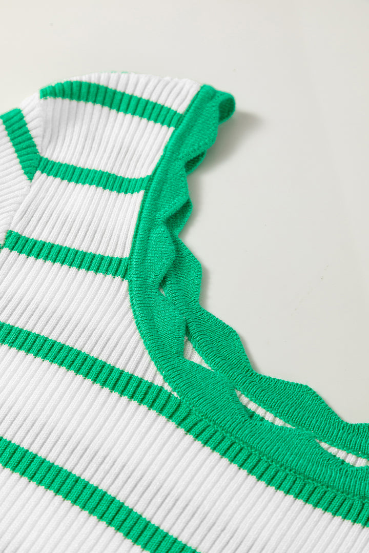 Bright Green Scalloped Trim U Neck Striped Ribbed Slim Sweater