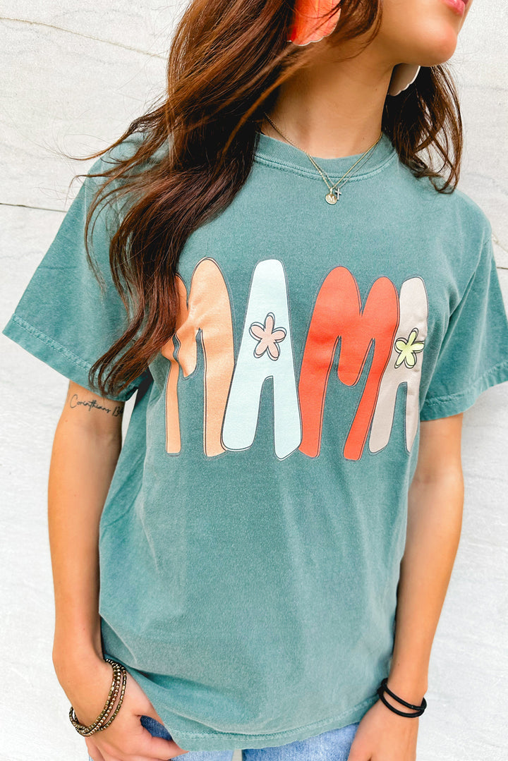 T-shirt ras du cou imprimé vert mer MAMA délavé minéral