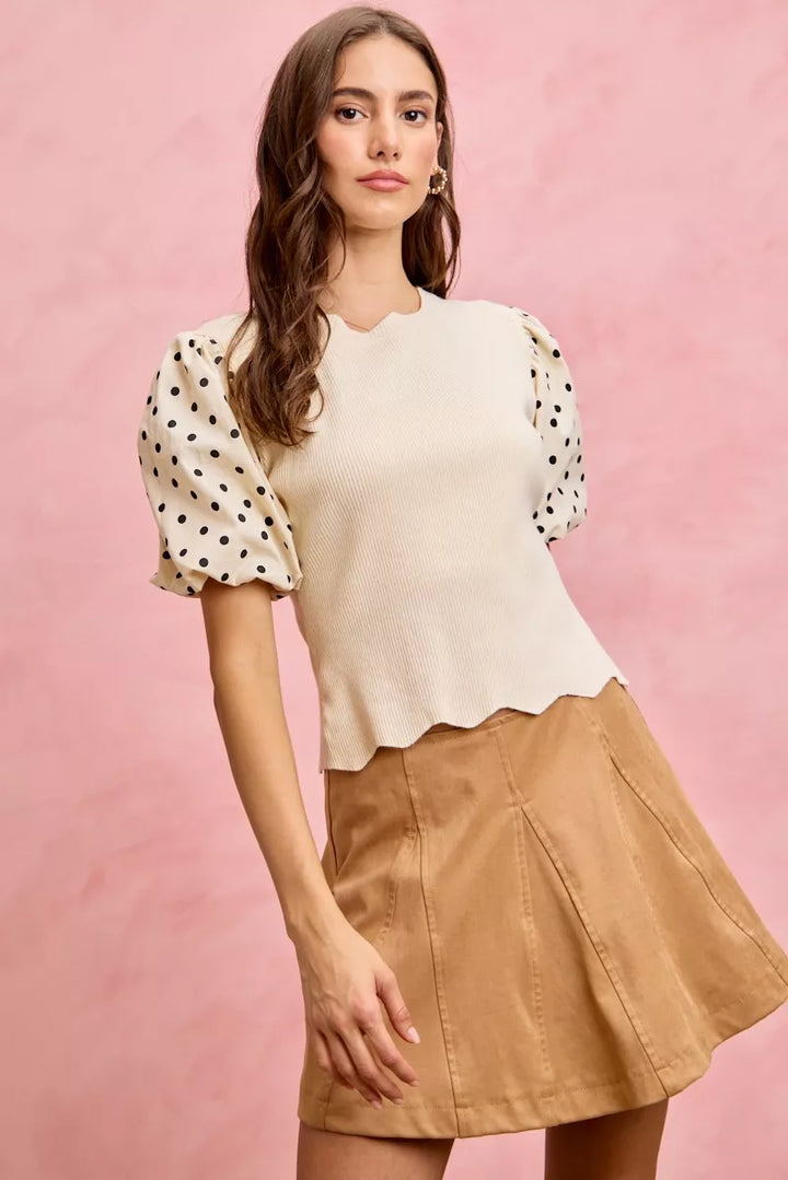 SO ME Polka Dot Contrast Woven Ballon Sleeve Blouse