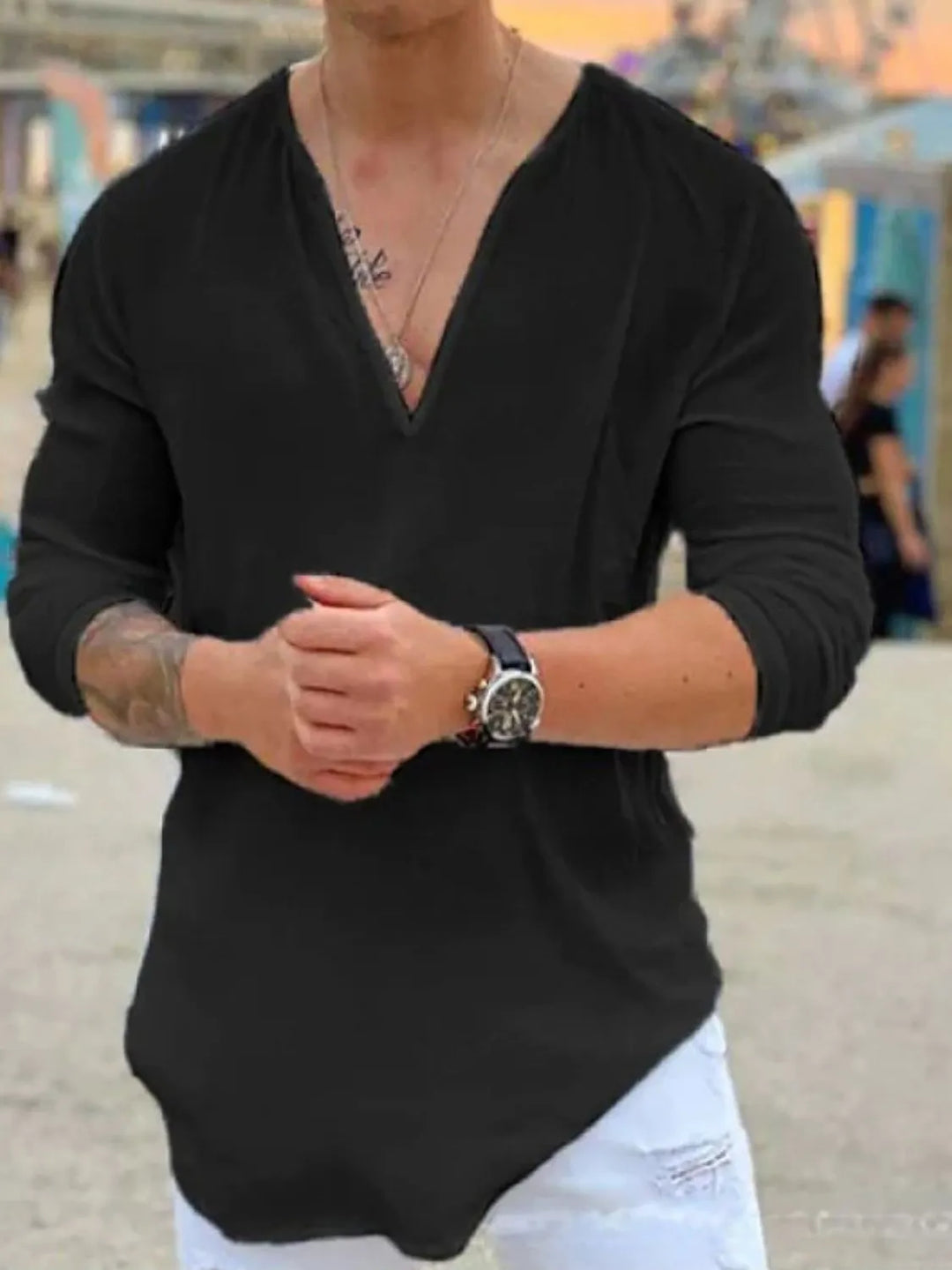 Men's Full Size V-Neck Long Sleeve Top Plus Size