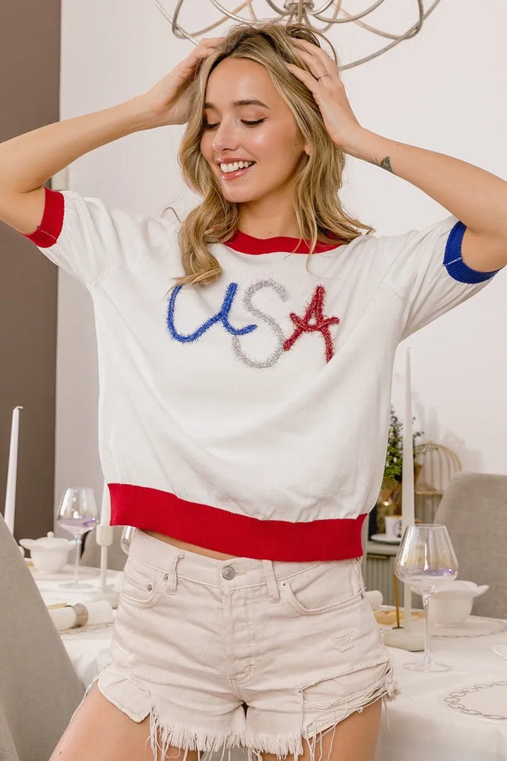 BiBi USA Metallic Letter Color Block Knit Top