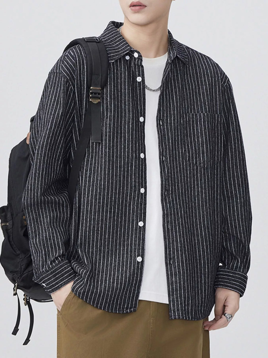 Men's Plus Size Striped Button Up Long Sleeve Shirt