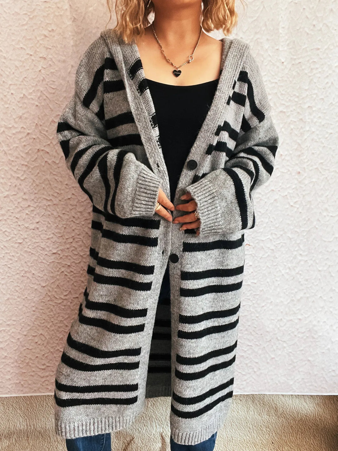 Striped Open Front Hooded Cardigan
