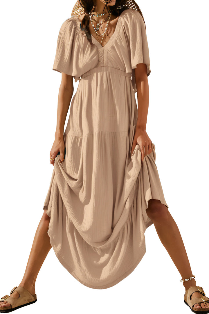 Parchment Textured V Neck Flutter Sleeve Ruffled Maxi Dress