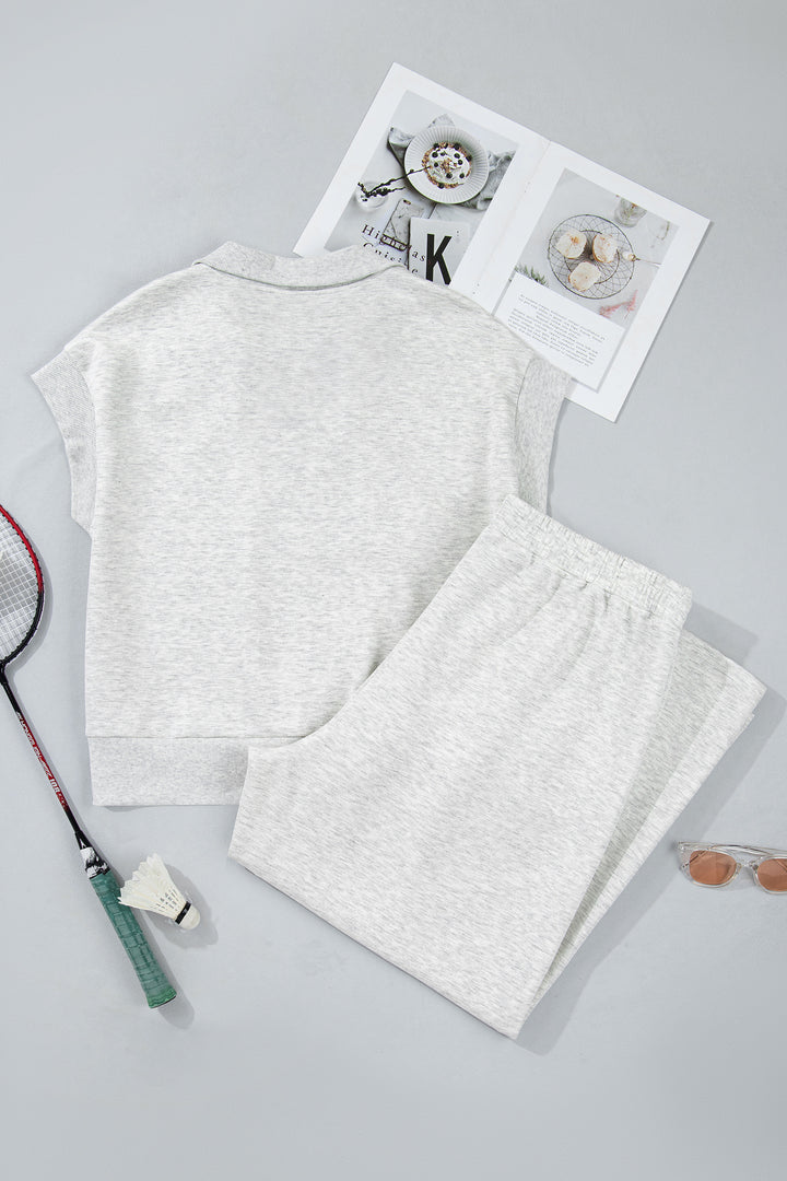 Light Grey Half Zip Polo Tee Loose Pants Plus Size 2pcs Outfit
