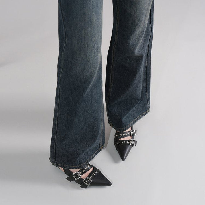 Women Pointed Toe High Heel Mules, Belt Buckle Closed Toe Slide Sandals, Vintage Backless Pumps For Outdoor Wear