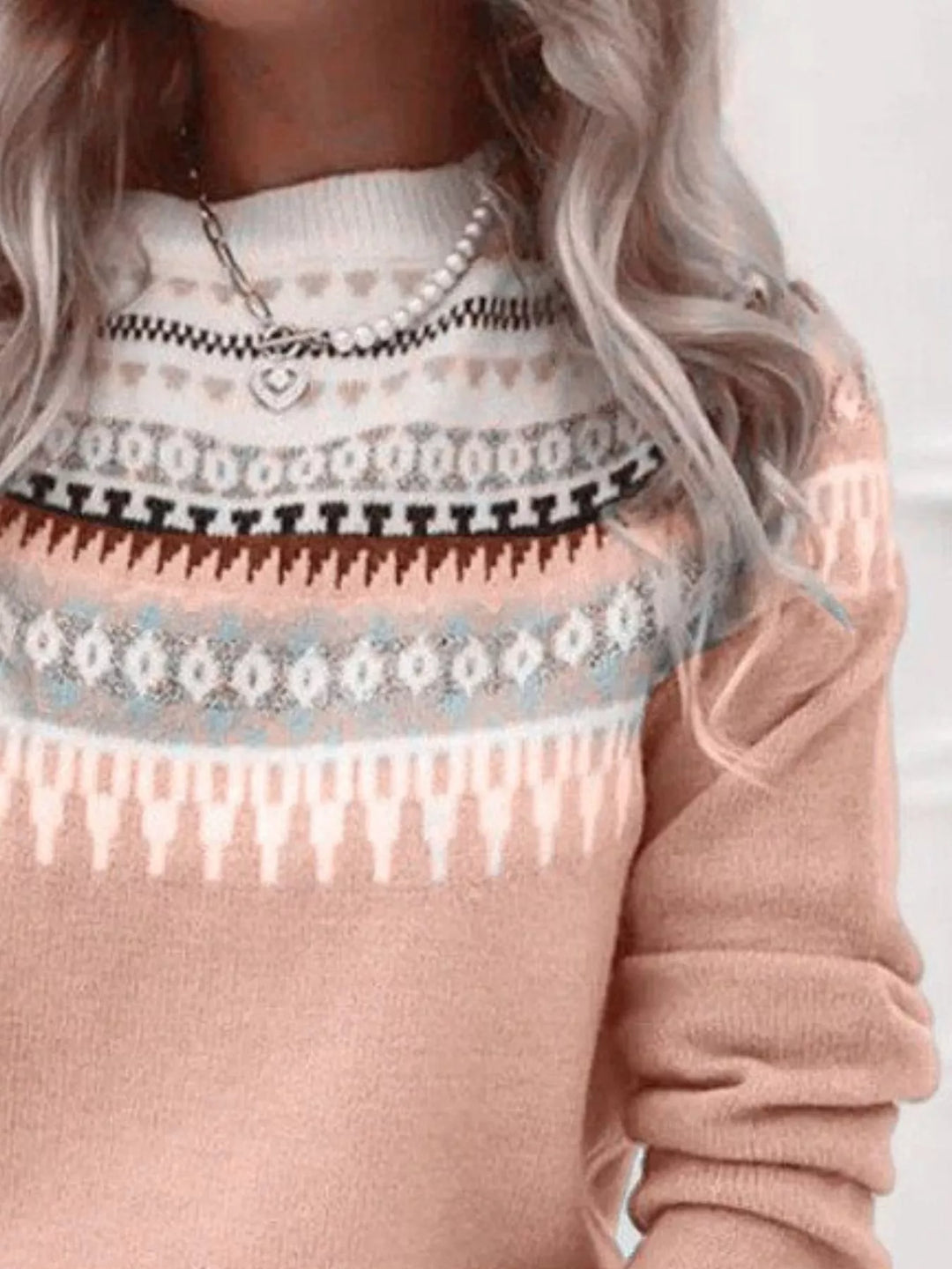 Full Size Vintage Patterned Round Neck Sweater Plus Size