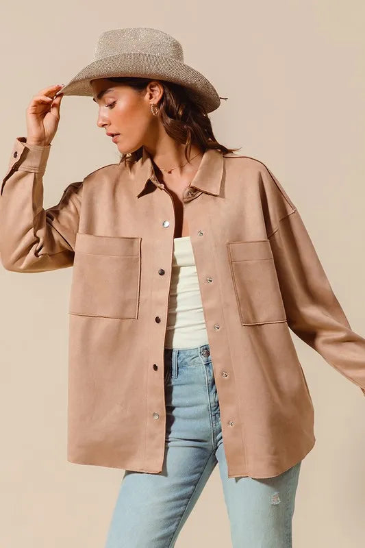 SO ME Faux Sued Snap Shacket with Collar and Pockets