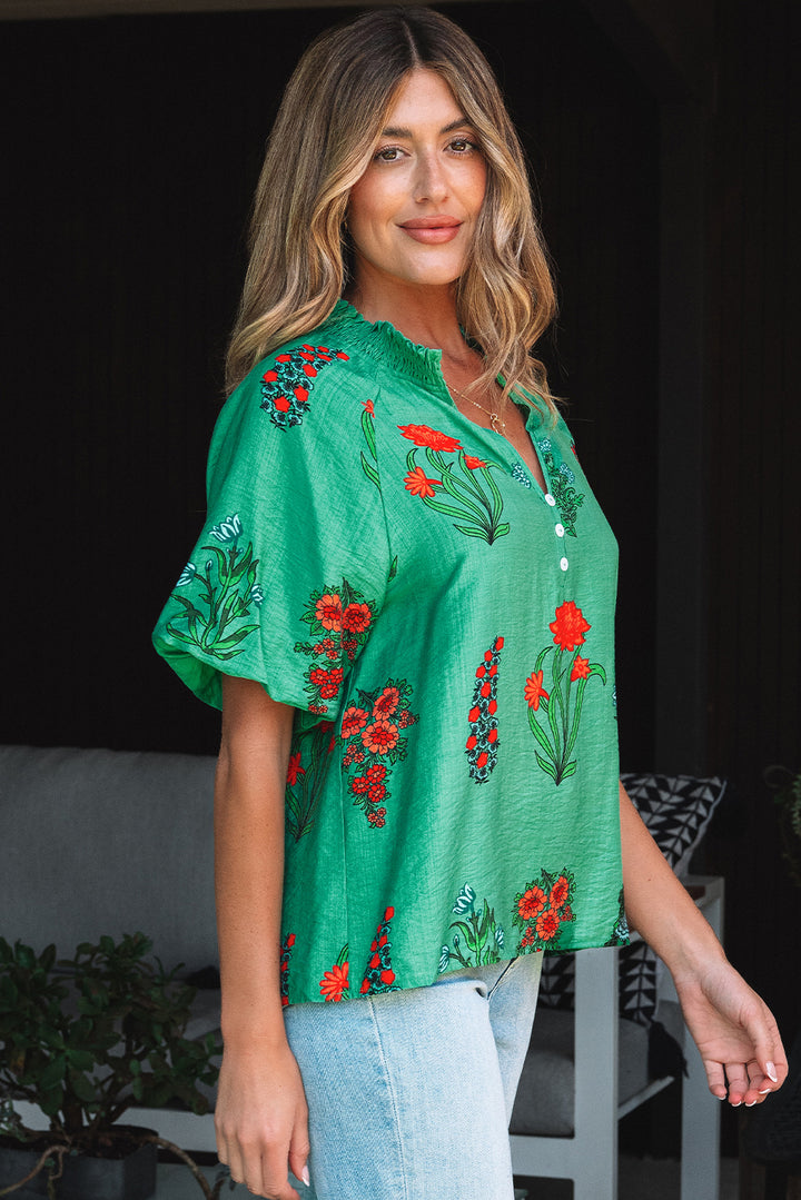 Chemisier à manches courtes et col en V boutonné à imprimé floral vert vif