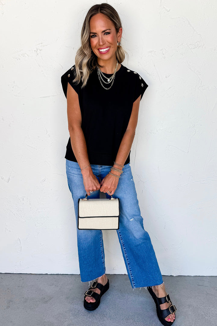 Black Casual Solid Short Sleeve Top with Metal Button Details Key Features
