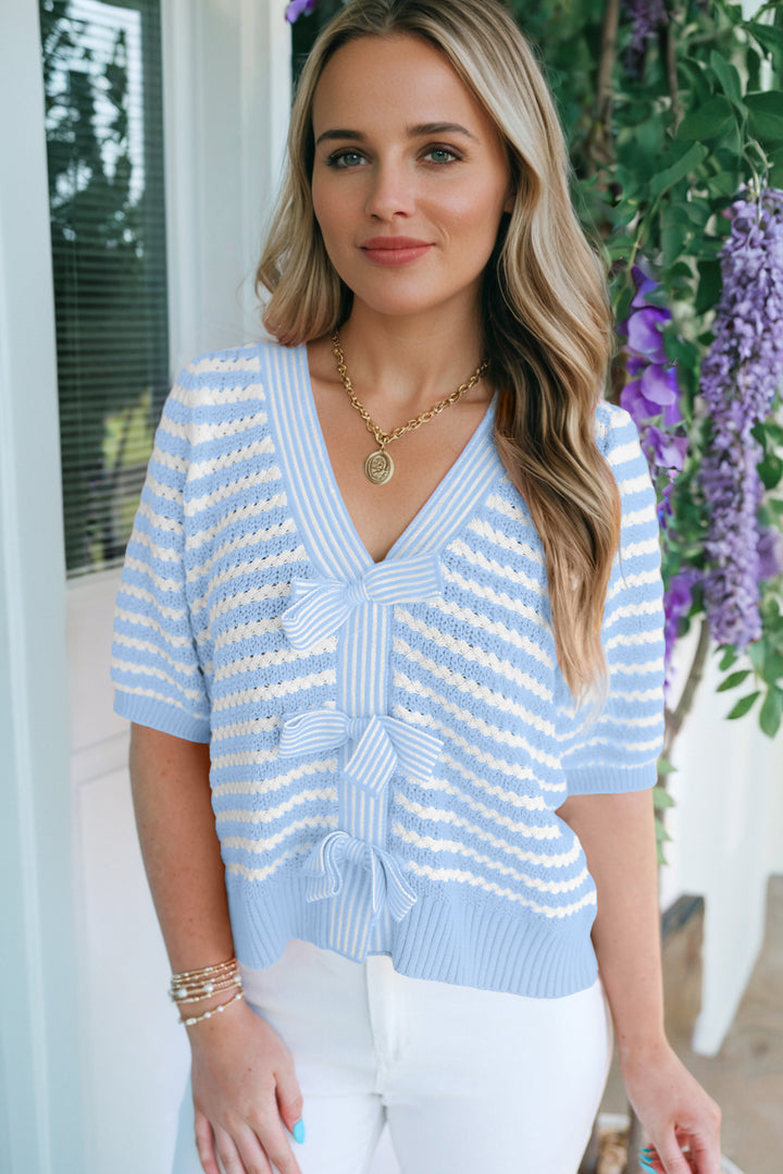 Sky Blue Stripe Short Sleeve Knit V Neck Bow Knot Sweater