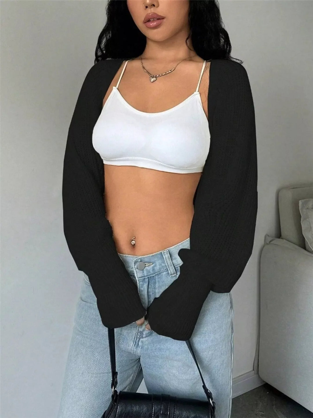 Cropped Knit Open Front Cardigan