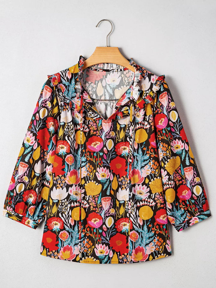 Floral 3/4 Puff Sleeve Tied Neck Blouse