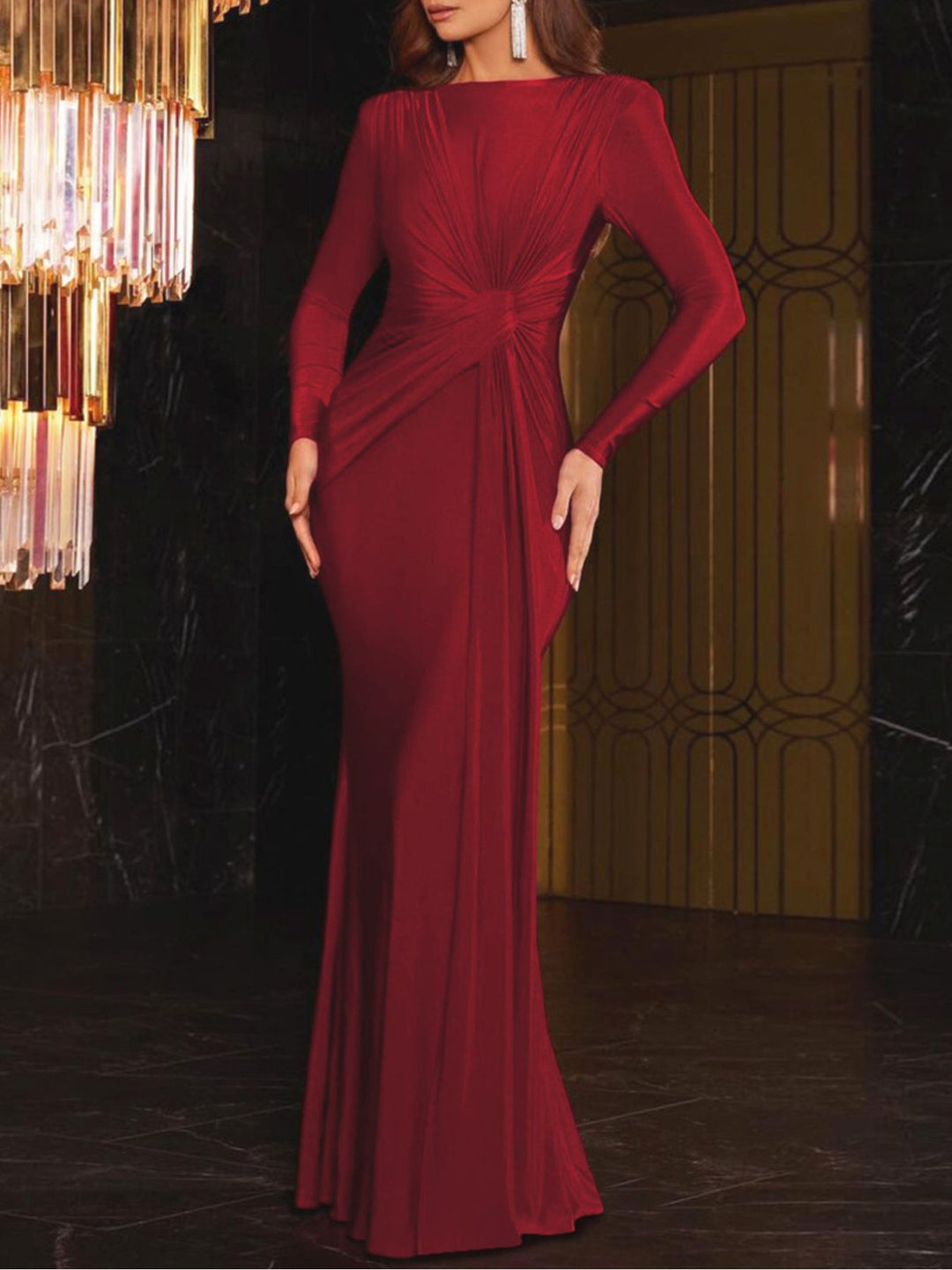 Ruched Knot Front Long Sleeve Maxi Dress