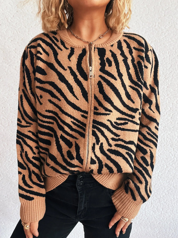 Zebra Print Zip Up Cardigan