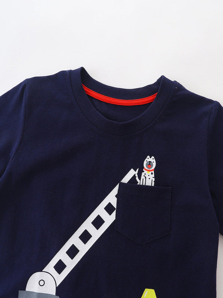 Children's Cartoon Vehicle Graphic Crew Neck T-Shirt Set