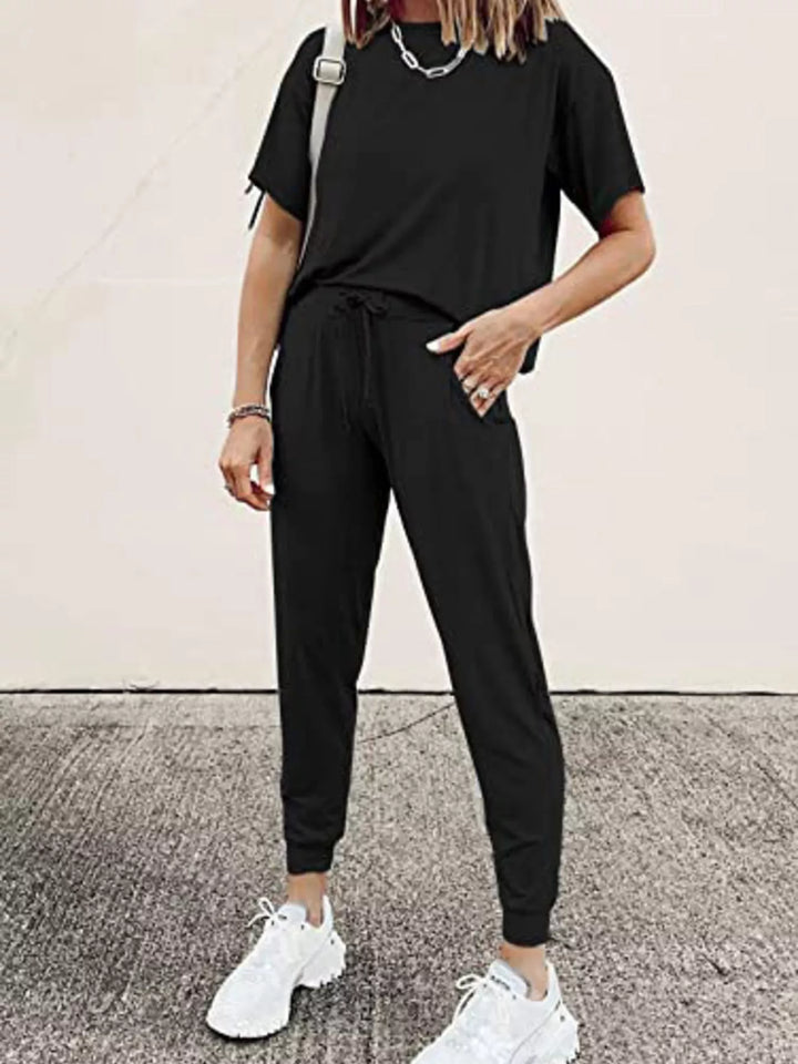 Full Size Round Neck Top and Drawstring Pants Set Plus Size